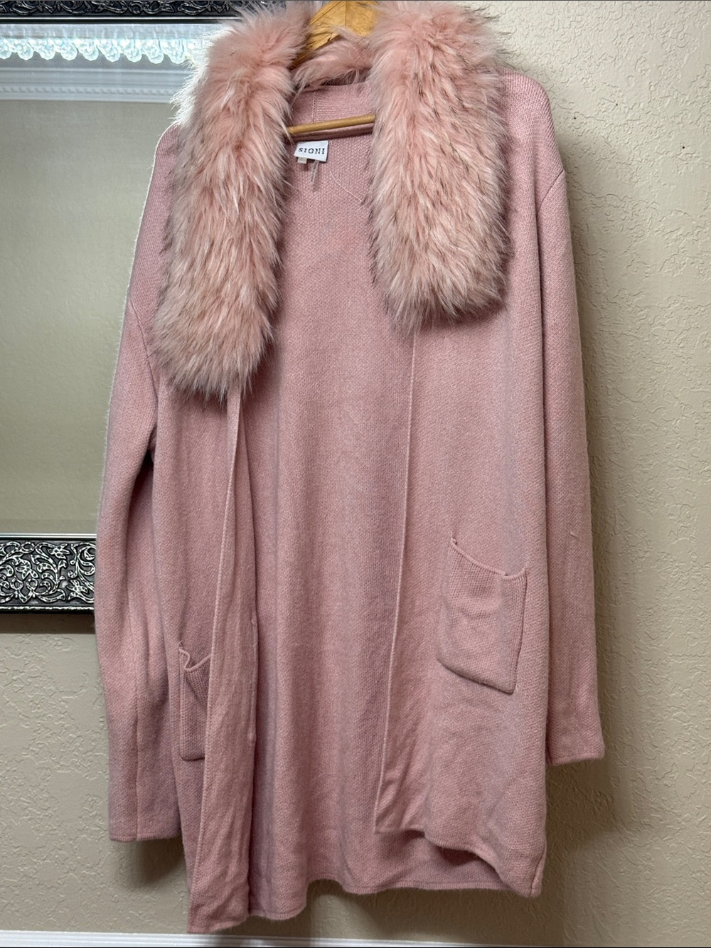 Sioni Dusty Pink Faux-Fur Collar Open Cardigan